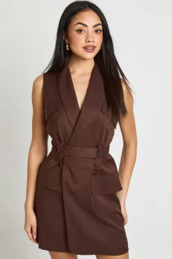 Robe Blazer Sans Manches Style Gilet Utilitaire Avec Ceinture