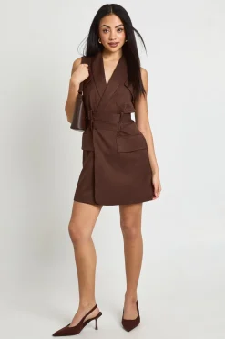 Robe Blazer Sans Manches Style Gilet Utilitaire Avec Ceinture