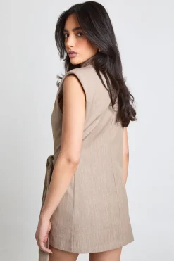 Robe Blazer Sans Manches à Taille Nouée Effet Lin