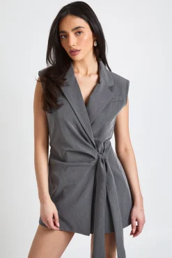 Robe Blazer Sans Manches À Taille Nouée Aspect Lin