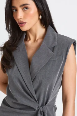 Robe Blazer Sans Manches À Taille Nouée Aspect Lin