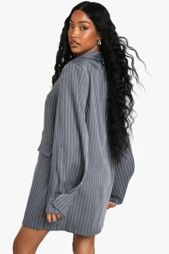 Robe Blazer Surdimensionnée à Rayures Tissées avec Poches