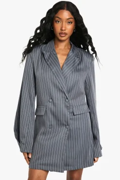 Robe Blazer Surdimensionnée à Rayures Tissées avec Poches