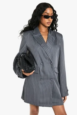 Robe Blazer Surdimensionnée à Rayures Tissées avec Poches