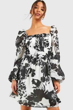 Robe bustier froncée à imprimé fleuri