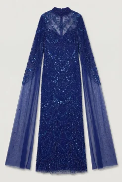 Robe Cape Mi-Longue Tissée Ornée de Perles Premium