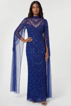 Robe Cape Mi-Longue Tissée Ornée de Perles Premium