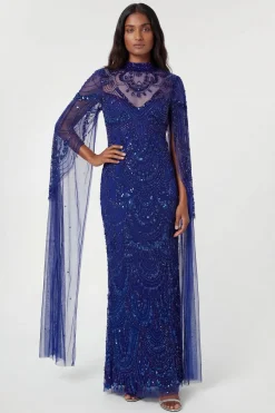 Robe Cape Mi-Longue Tissée Ornée de Perles Premium