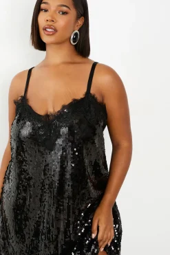 boohoo Robe Caraco Grande Taille À Sequins Avec Finitions En Dentelle<Femme Satin Et Dentelle|Robes