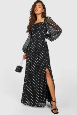 Robe champêtre mi-longue en mousseline de soie à pois