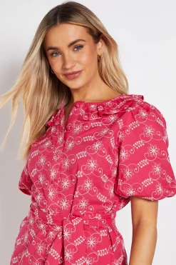 Robe Chemise Brodée À Manches Bouffantes Avec Ceinture