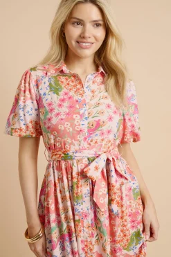 Robe Chemise À Ceinture Avec Manches Bouffantes Et Motif Floral Patchwork