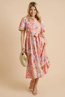 Robe Chemise À Ceinture Avec Manches Bouffantes Et Motif Floral Patchwork