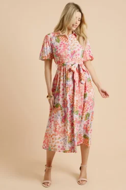 Robe Chemise À Ceinture Avec Manches Bouffantes Et Motif Floral Patchwork