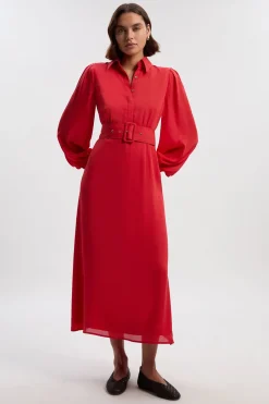 Robe Chemise Ceinturée en Georgette Tissée Petite Taille
