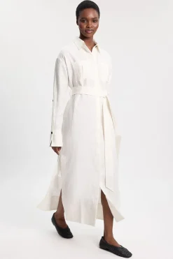 KarenMillen Robe chemise ceinturée en lin et viscose tissé<Femme Robes Mi-Longues|Robes À Manches Longues
