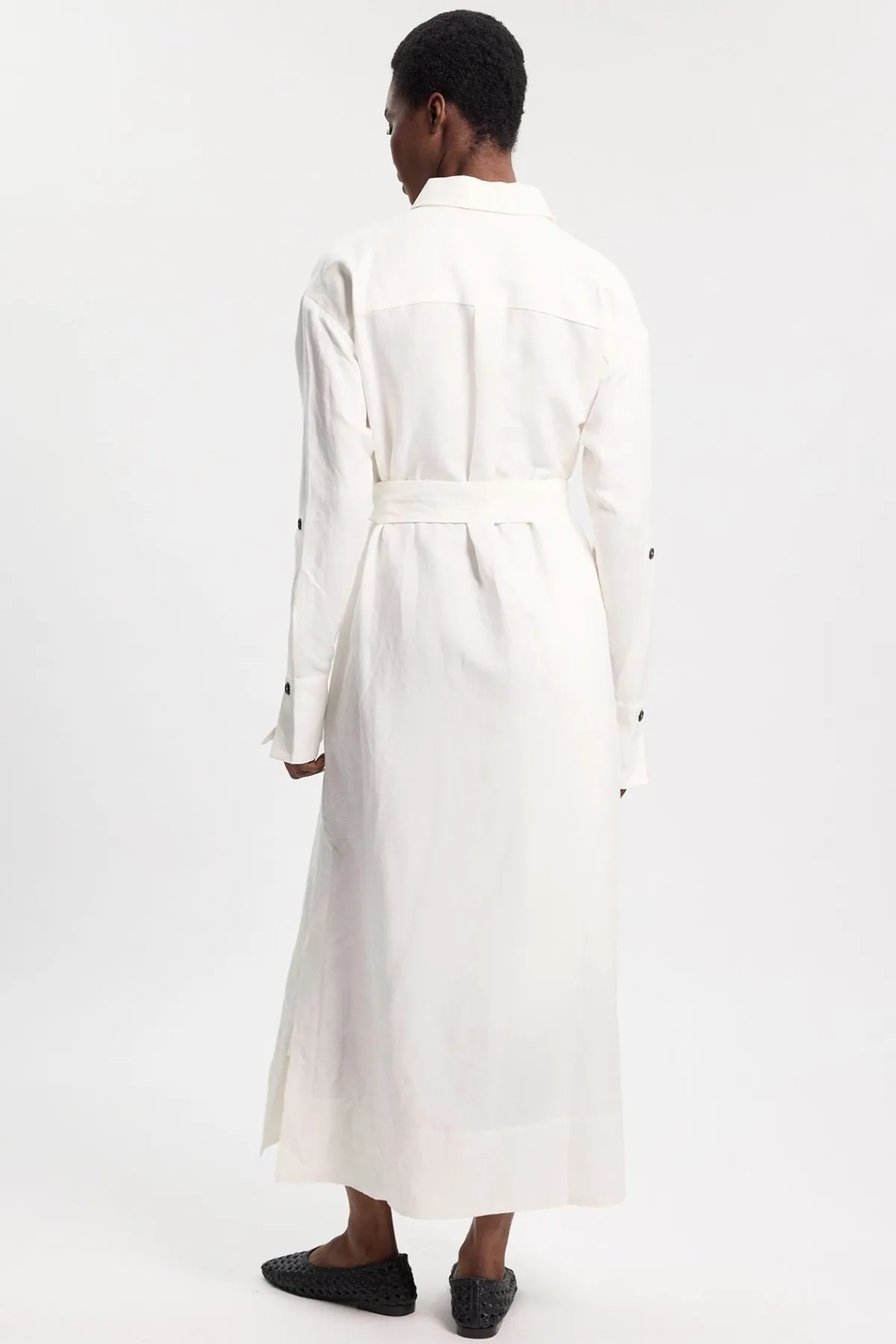 KarenMillen Robe chemise ceinturée en lin et viscose tissé<Femme Robes Mi-Longues|Robes À Manches Longues