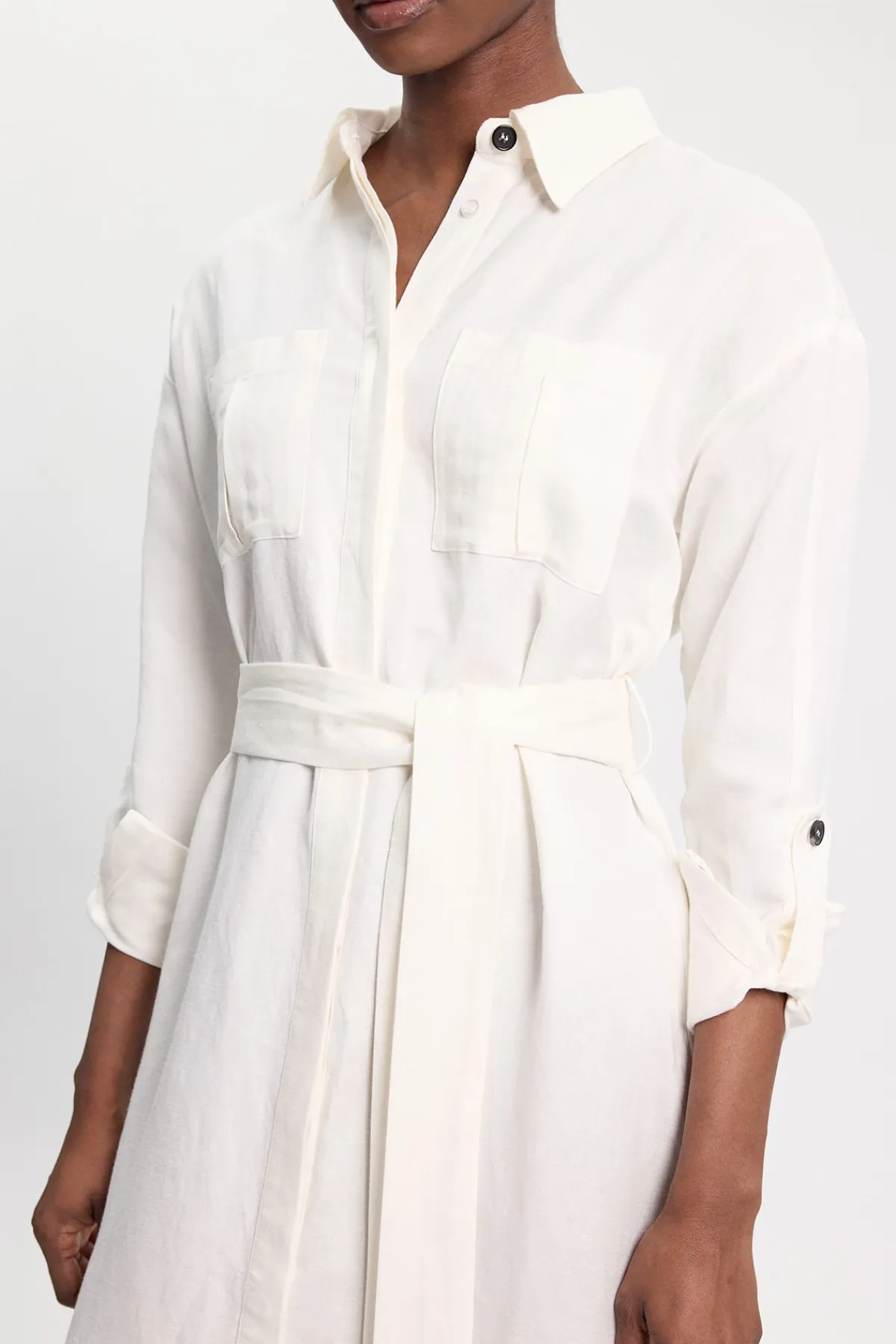 KarenMillen Robe chemise ceinturée en lin et viscose tissé<Femme Robes Mi-Longues|Robes À Manches Longues