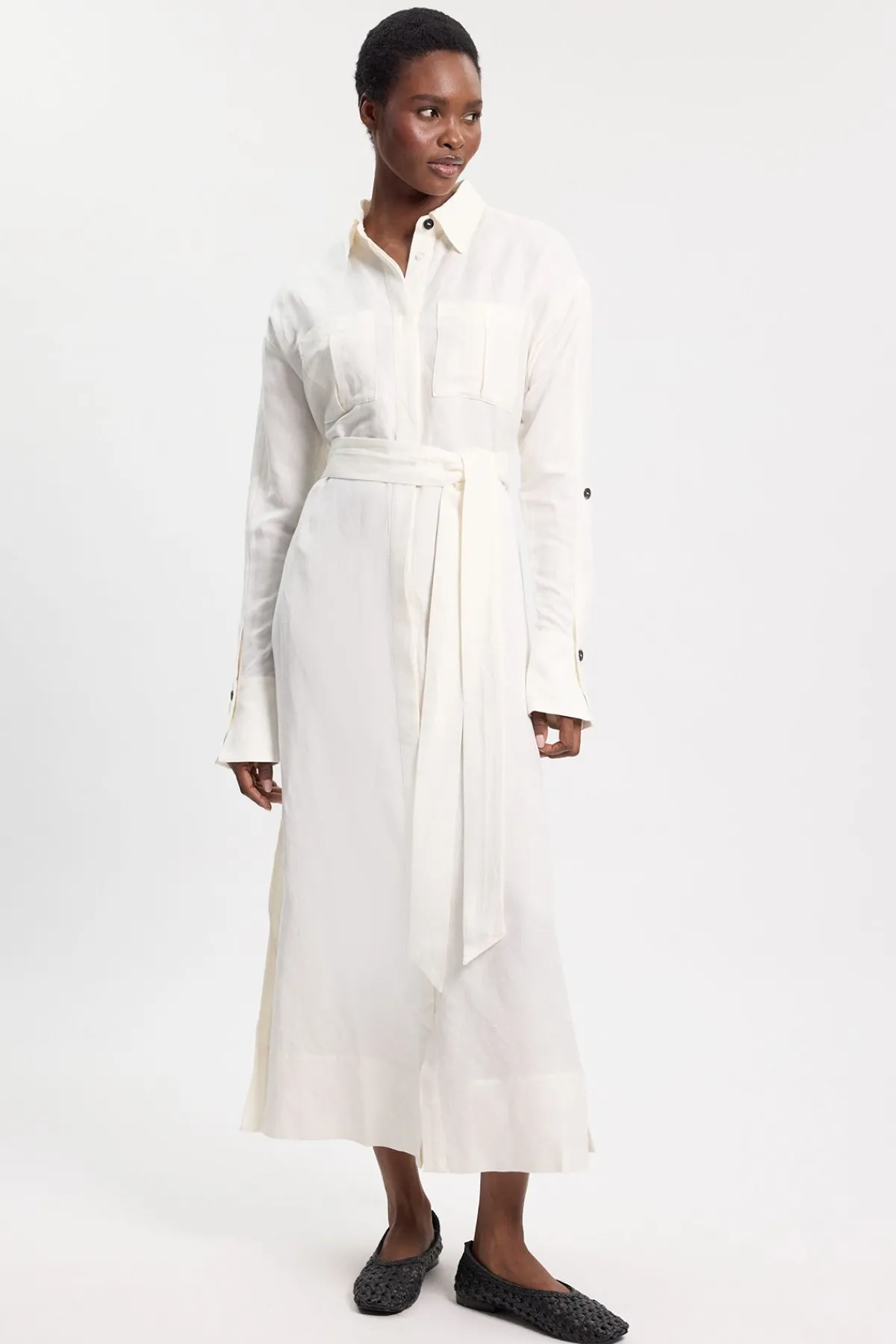 KarenMillen Robe chemise ceinturée en lin et viscose tissé<Femme Robes Mi-Longues|Robes À Manches Longues