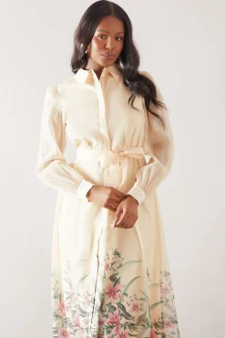 Robe Chemise Ceinturée en Organza Fleuri