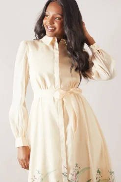 Robe Chemise Ceinturée en Organza Fleuri