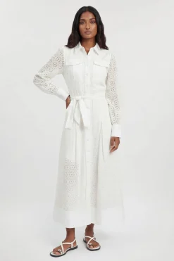 KarenMillen Robe Chemise Cintrée En Broderie Anglaise Coton Petite<Femme Robes Mi-Longues|Robes À Manches Longues