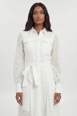 KarenMillen Robe Chemise Cintrée En Broderie Anglaise Coton Petite<Femme Robes Mi-Longues|Robes À Manches Longues