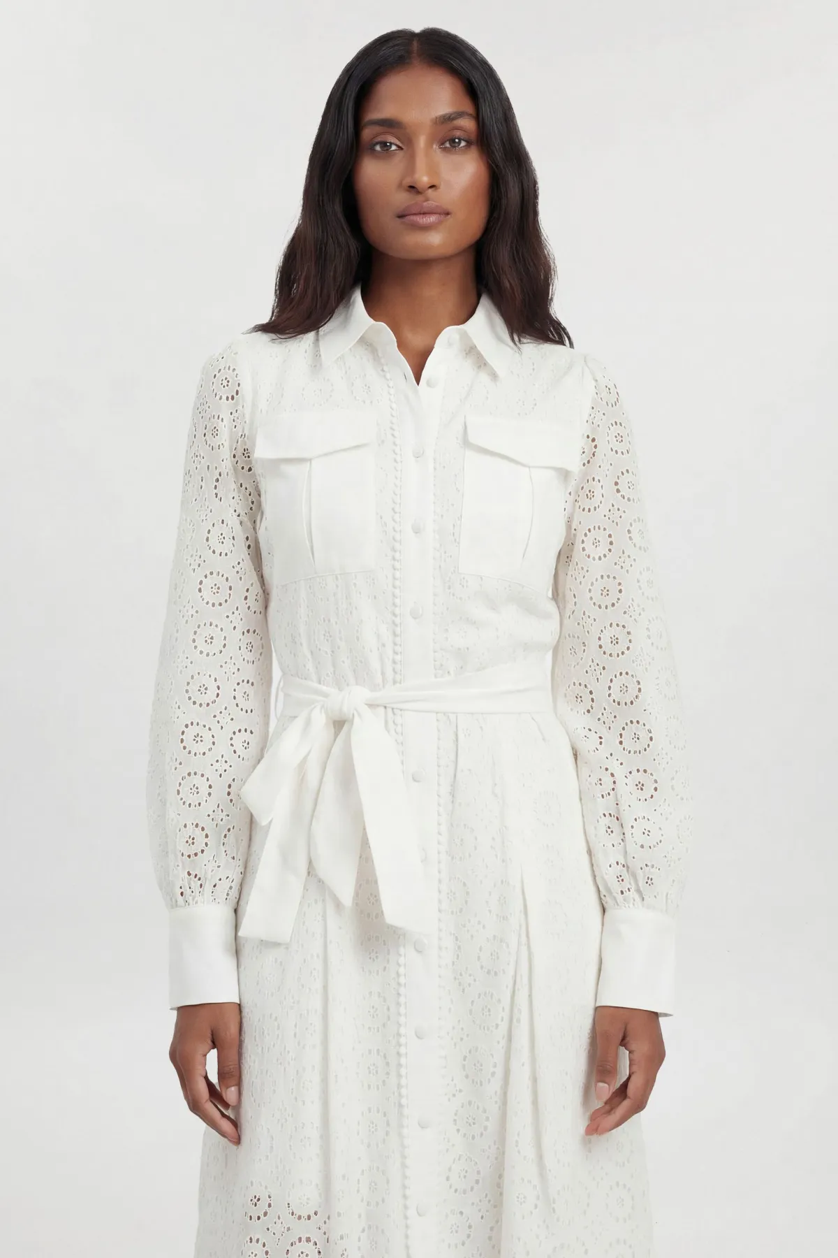KarenMillen Robe Chemise Cintrée En Broderie Anglaise Coton Petite<Femme Robes Mi-Longues|Robes À Manches Longues