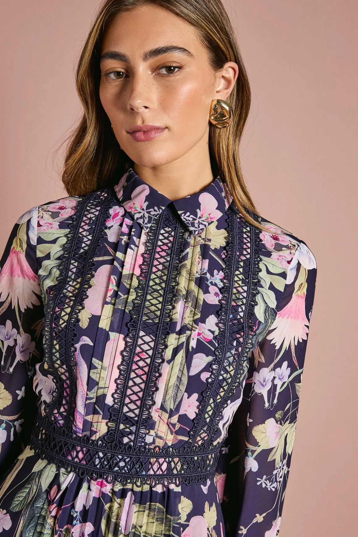 Robe Chemise à Col avec Imprimé Placé