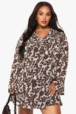 Robe chemise droite à nouer sur le devant à volants floraux Plus