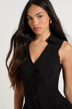 Robe Chemise en Bengaline à Boutonnage et Ourlet à Volants