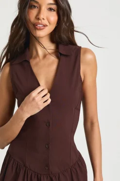 boohoo Robe Chemise en Bengaline à Boutonnage et Ourlet à Volants<Femme Looks Chocolat|Robes