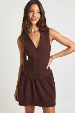 boohoo Robe Chemise en Bengaline à Boutonnage et Ourlet à Volants<Femme Looks Chocolat|Robes