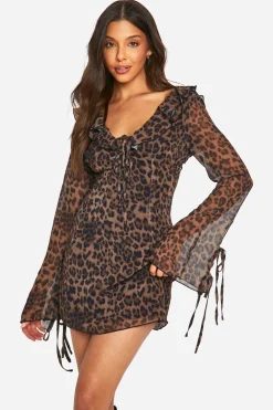Robe chemise en chiffon à volants imprimé léopard