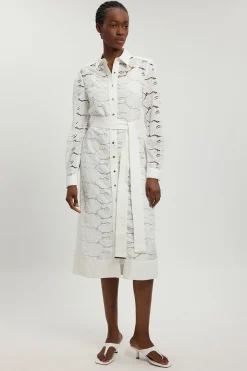 Robe Chemise En Coton Tissé À Col Avec Broderie Ajourée