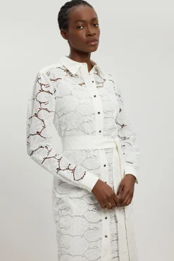 Robe Chemise En Coton Tissé À Col Avec Broderie Ajourée