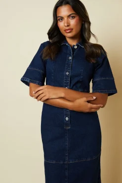 Dorothy Perkins Robe Chemise en Denim à Demi-Patte de Boutonnage<Femme Denim|Robes Mi-Longues