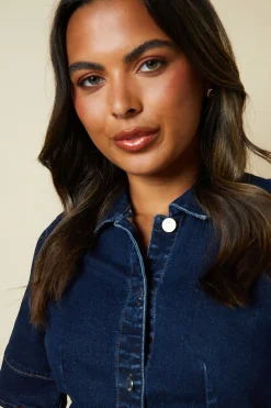 Dorothy Perkins Robe Chemise en Denim à Demi-Patte de Boutonnage<Femme Denim|Robes Mi-Longues