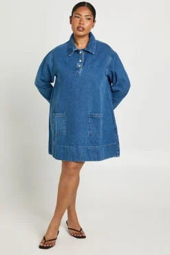 Robe Chemise En Denim À Manches Longues Grande Taille