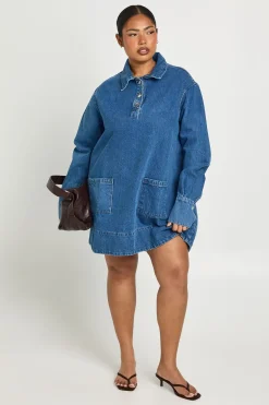 Robe Chemise En Denim À Manches Longues Grande Taille