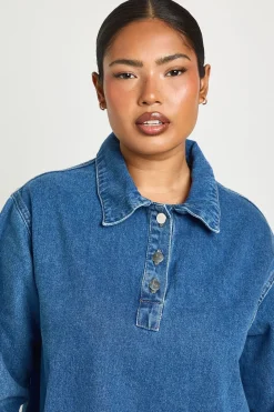 Robe Chemise En Denim À Manches Longues Grande Taille