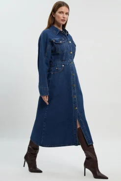 KarenMillen Robe Chemise en Denim à Manches avec Boutonnage Devant<Femme Denim|Robes Mi-Longues