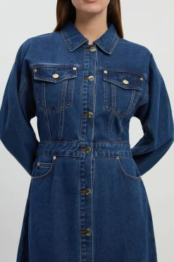 KarenMillen Robe Chemise en Denim à Manches avec Boutonnage Devant<Femme Denim|Robes Mi-Longues