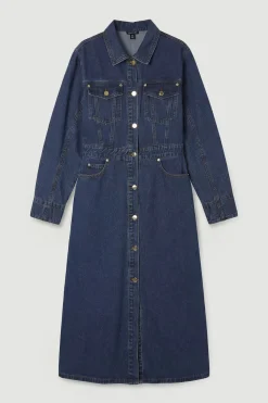 KarenMillen Robe Chemise en Denim à Manches avec Boutonnage Devant<Femme Denim|Robes Mi-Longues