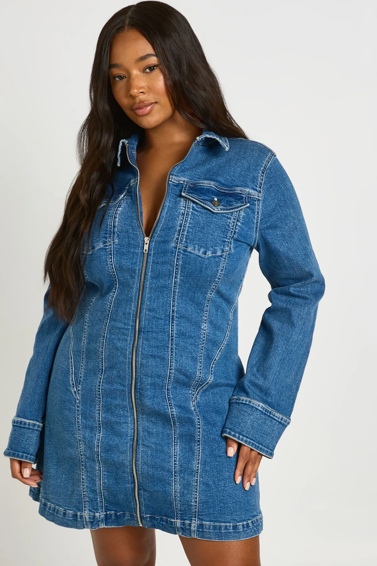 boohoo Robe chemise en denim à zip grande taille<Femme Denim|Denim