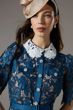 Robe Chemise en Dentelle Couleur Contrastée