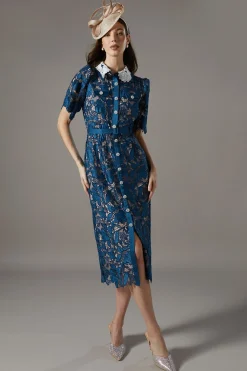 Robe Chemise en Dentelle Couleur Contrastée