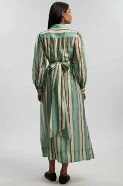 Robe Chemise En Organdi Slub À Rayures Avec Détail Cache-cœur Et Manches Bouffantes Spectaculaires