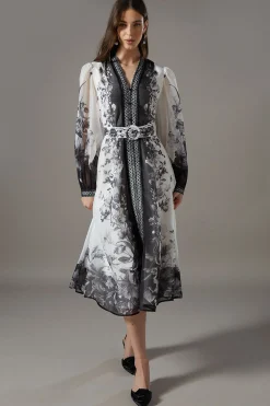 Robe Chemise en Organza Imprimé à Bordure