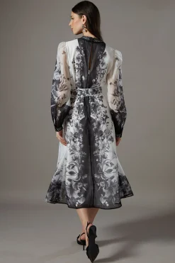 Robe Chemise en Organza Imprimé à Bordure